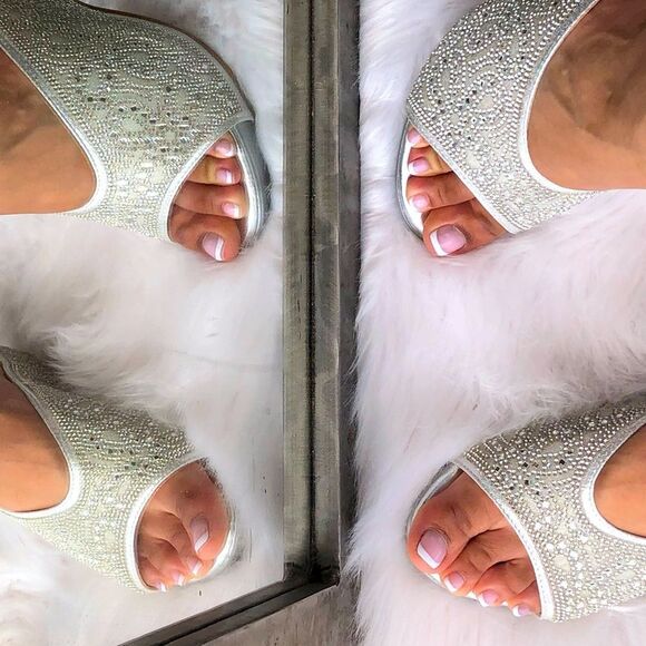 Italina Metallic Sparkly Bright Silver Rhinestone Embellished Heeled Wedge Mule - Picture 3 of 7